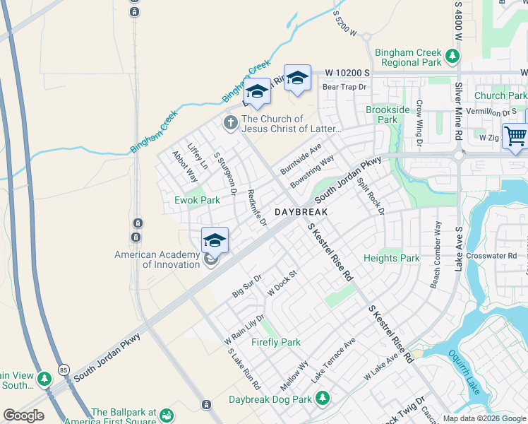 map of restaurants, bars, coffee shops, grocery stores, and more near 5299 West Bowstring Way in South Jordan