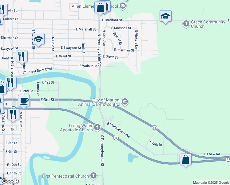 map of restaurants, bars, coffee shops, grocery stores, and more near 107 South Pennsylvania Street in Marion