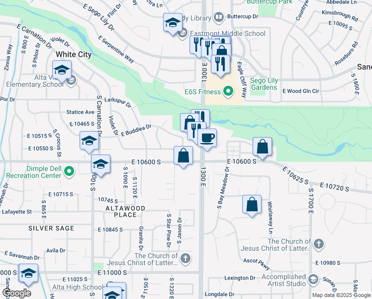 map of restaurants, bars, coffee shops, grocery stores, and more near 10557 South Primrose Drive in Sandy