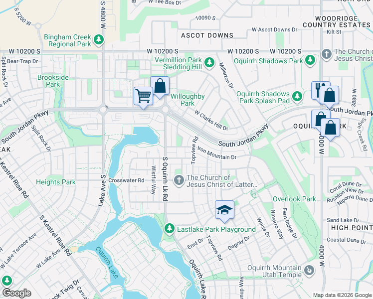 map of restaurants, bars, coffee shops, grocery stores, and more near 4489 Iron Mountain Drive in South Jordan