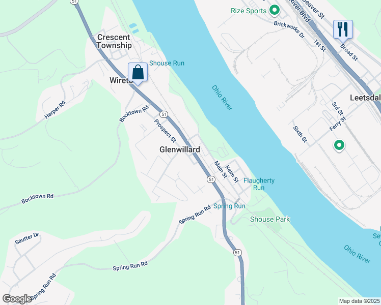 map of restaurants, bars, coffee shops, grocery stores, and more near 101 McGovern Boulevard in Glenwillard