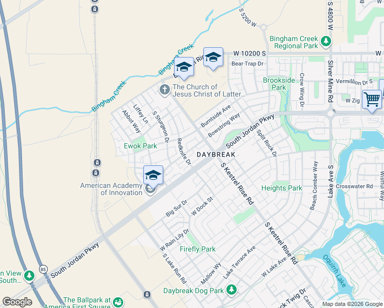 map of restaurants, bars, coffee shops, grocery stores, and more near 5287 West Bowstring Way in South Jordan
