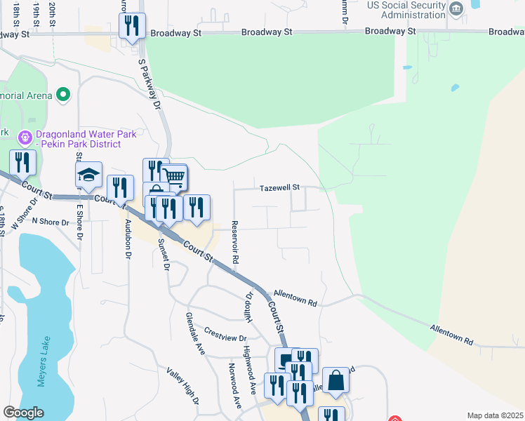 map of restaurants, bars, coffee shops, grocery stores, and more near 15 Briarcliff Ct in Pekin