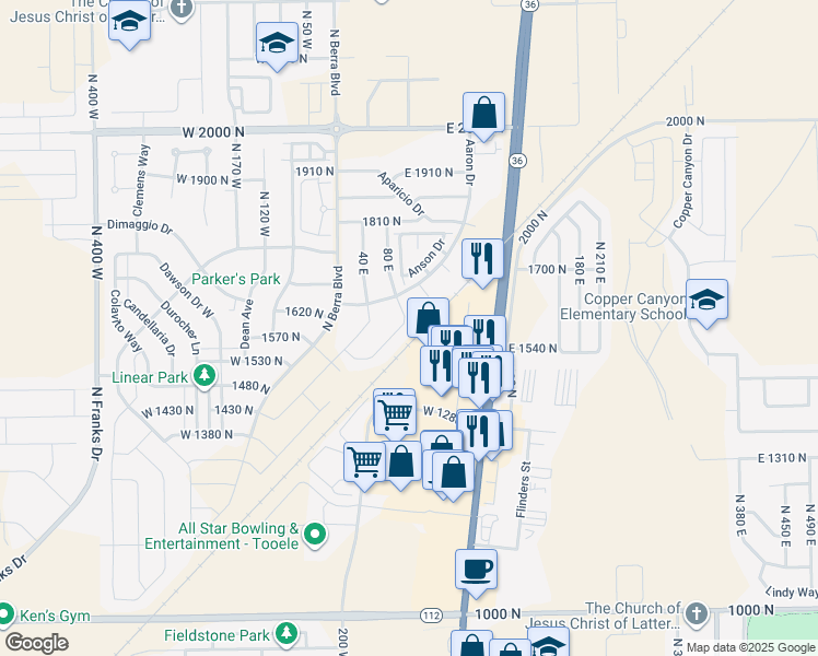 map of restaurants, bars, coffee shops, grocery stores, and more near 94 Broxburn Way in Tooele