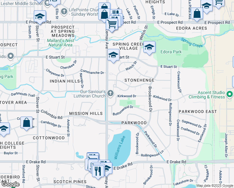 map of restaurants, bars, coffee shops, grocery stores, and more near in Fort Collins