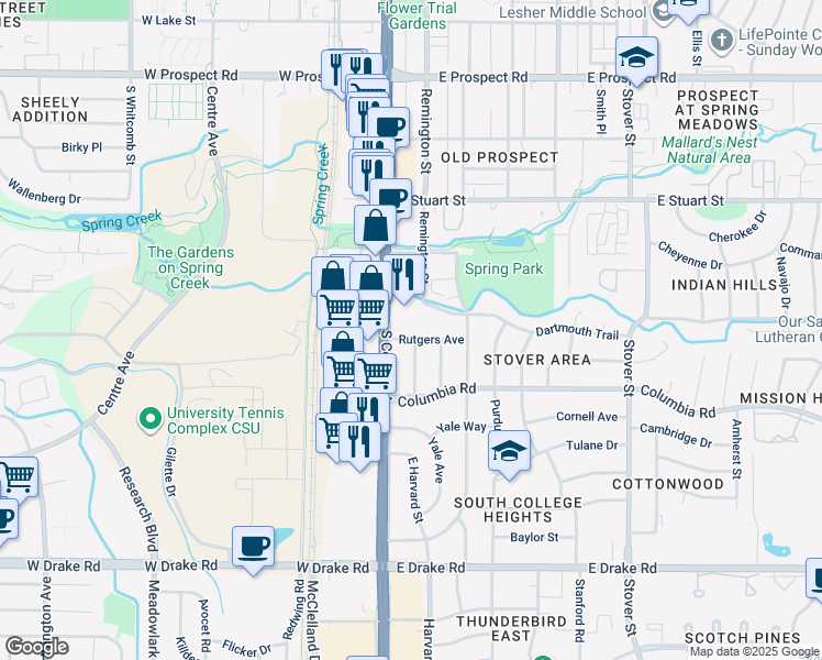 map of restaurants, bars, coffee shops, grocery stores, and more near 2108 South College Avenue in Fort Collins