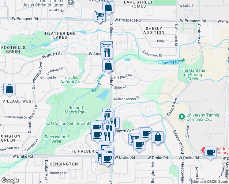 map of restaurants, bars, coffee shops, grocery stores, and more near 1091 Sundering Drive in Fort Collins