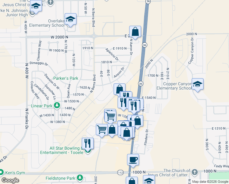 map of restaurants, bars, coffee shops, grocery stores, and more near 1615 North Brodric Lane in Tooele