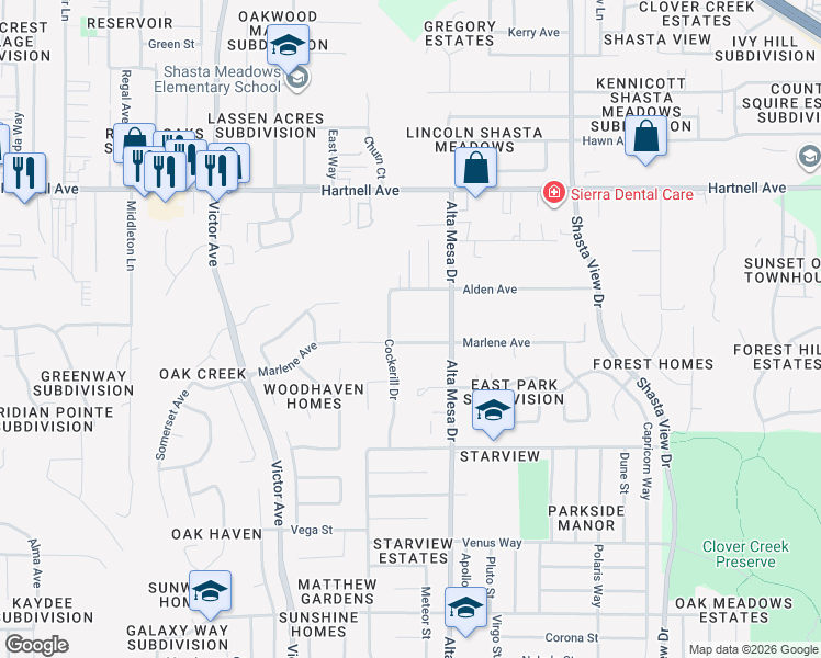 map of restaurants, bars, coffee shops, grocery stores, and more near 3265 Cockerill Dr in Redding
