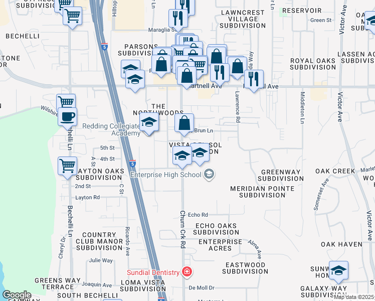 map of restaurants, bars, coffee shops, grocery stores, and more near 1064 Del Sol Place in Redding