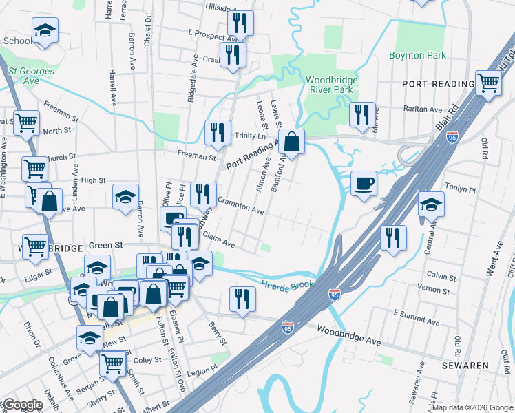 map of restaurants, bars, coffee shops, grocery stores, and more near 561 Bamford Avenue in Woodbridge Township