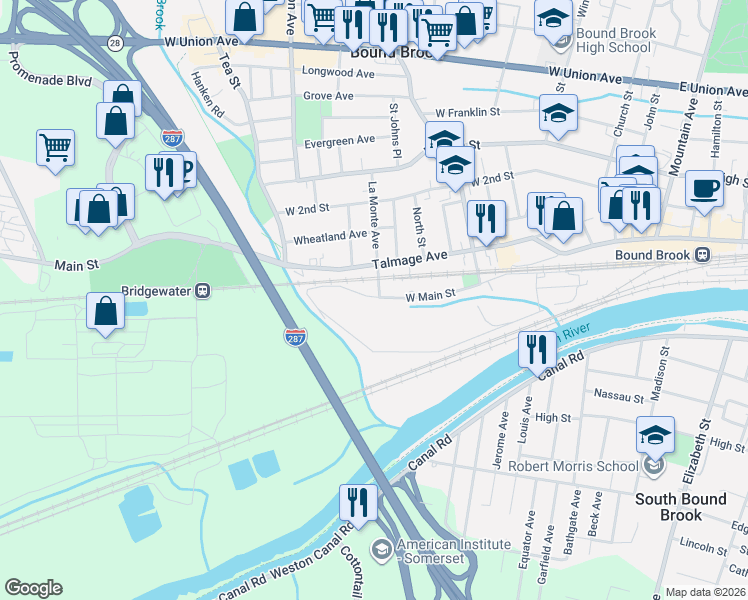 map of restaurants, bars, coffee shops, grocery stores, and more near 295 West Main Street in Bound Brook