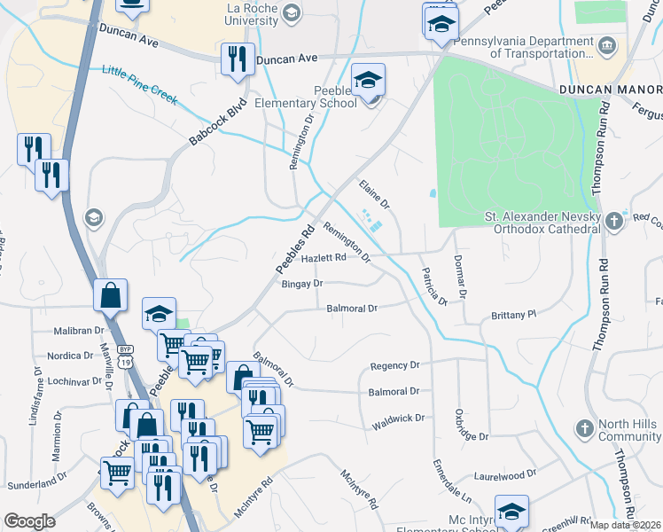 map of restaurants, bars, coffee shops, grocery stores, and more near 8266 Peebles Road in Pittsburgh