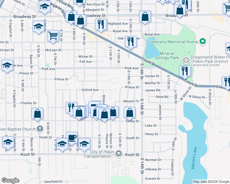 map of restaurants, bars, coffee shops, grocery stores, and more near 1101 Oxford Avenue in Pekin