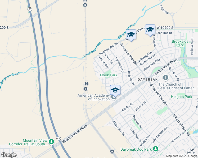 map of restaurants, bars, coffee shops, grocery stores, and more near 5522 West Burntside Avenue in South Jordan
