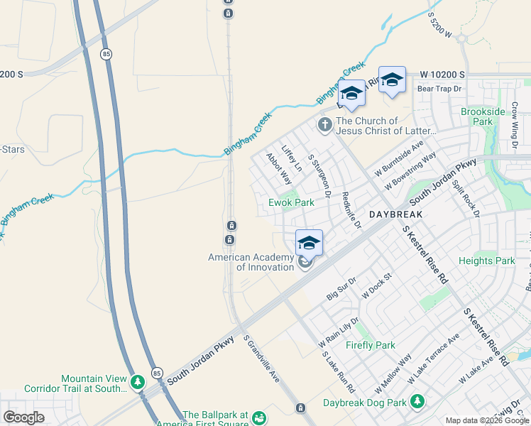map of restaurants, bars, coffee shops, grocery stores, and more near 5522 West Burntside Avenue in South Jordan