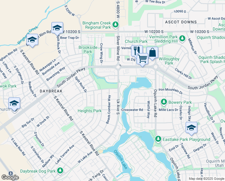 map of restaurants, bars, coffee shops, grocery stores, and more near 4821 Dock Street in South Jordan