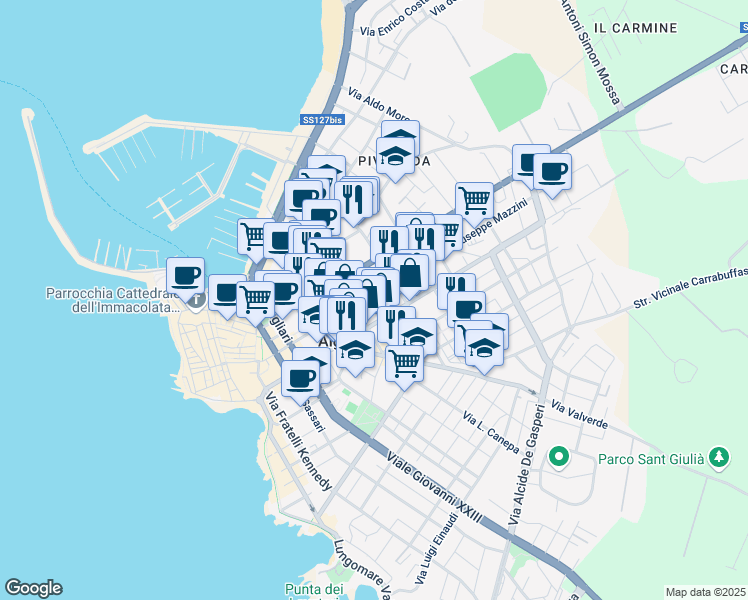 map of restaurants, bars, coffee shops, grocery stores, and more near 15 Via Brigata Sassari in Alghero