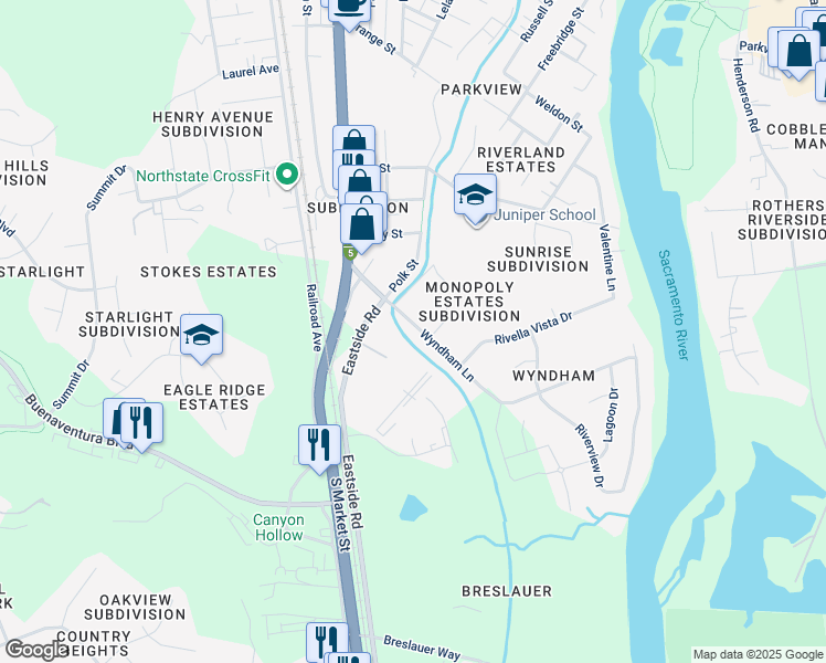 map of restaurants, bars, coffee shops, grocery stores, and more near 2423 Wyndham Lane in Redding