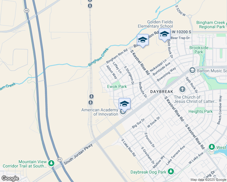 map of restaurants, bars, coffee shops, grocery stores, and more near 5439 West Burntside Avenue in South Jordan