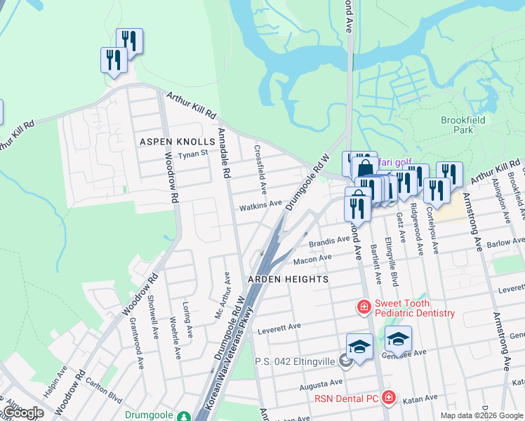 map of restaurants, bars, coffee shops, grocery stores, and more near 41 Watkins Avenue in Staten Island