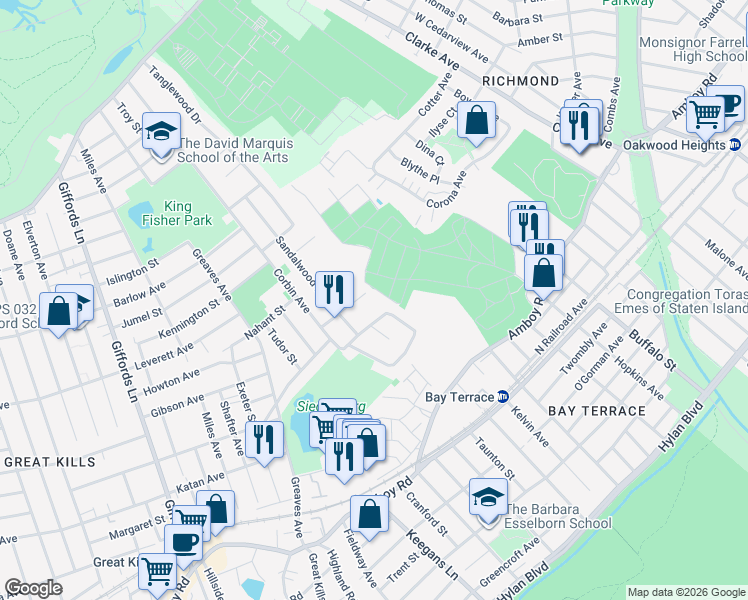 map of restaurants, bars, coffee shops, grocery stores, and more near 101 Willowwood Lane in Staten Island