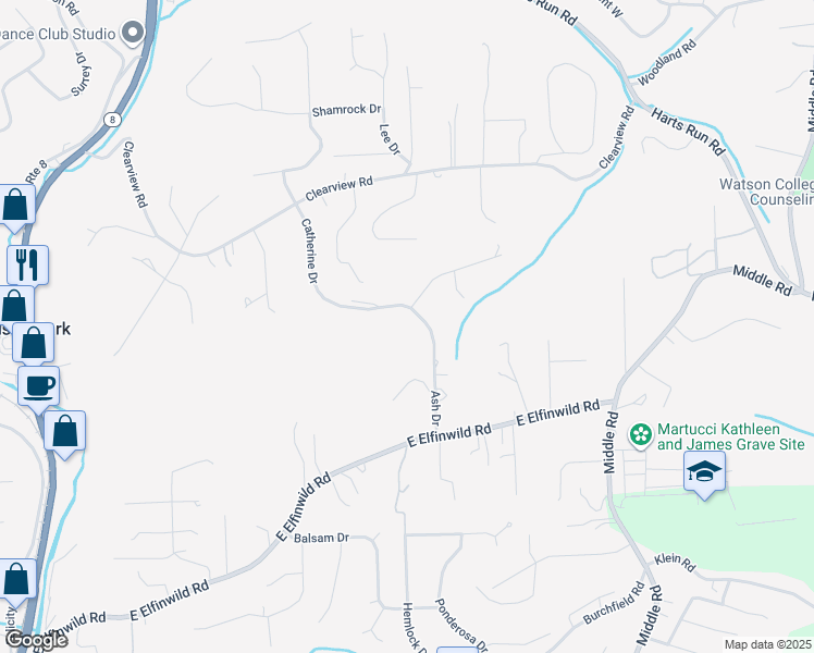 map of restaurants, bars, coffee shops, grocery stores, and more near 3897 Ash Drive in Hampton Township