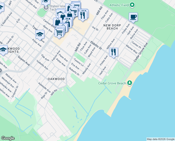 map of restaurants, bars, coffee shops, grocery stores, and more near 106 Manila Avenue in Staten Island