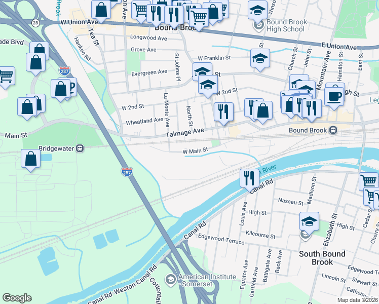 map of restaurants, bars, coffee shops, grocery stores, and more near 261 West Main Street in Bound Brook