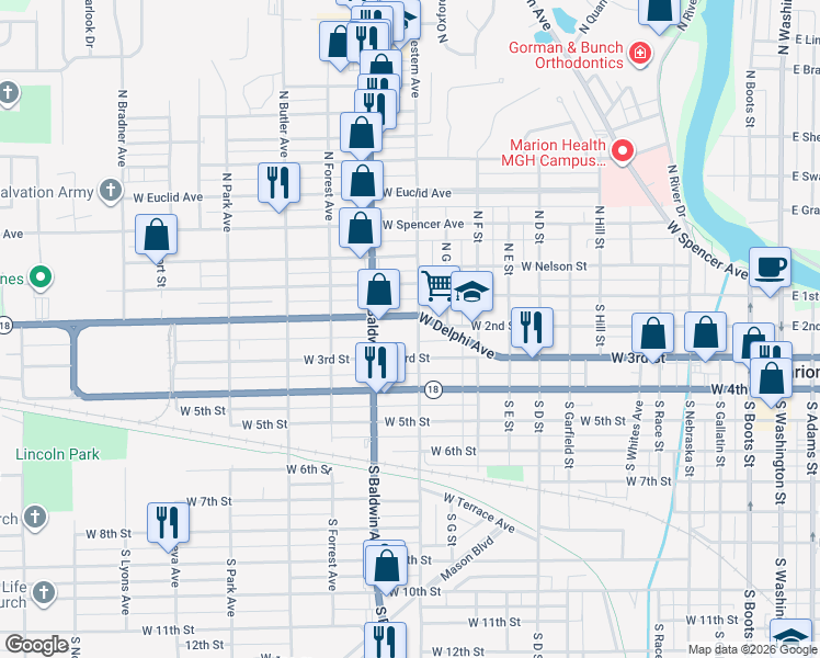 map of restaurants, bars, coffee shops, grocery stores, and more near 210 S Western Ave in Marion