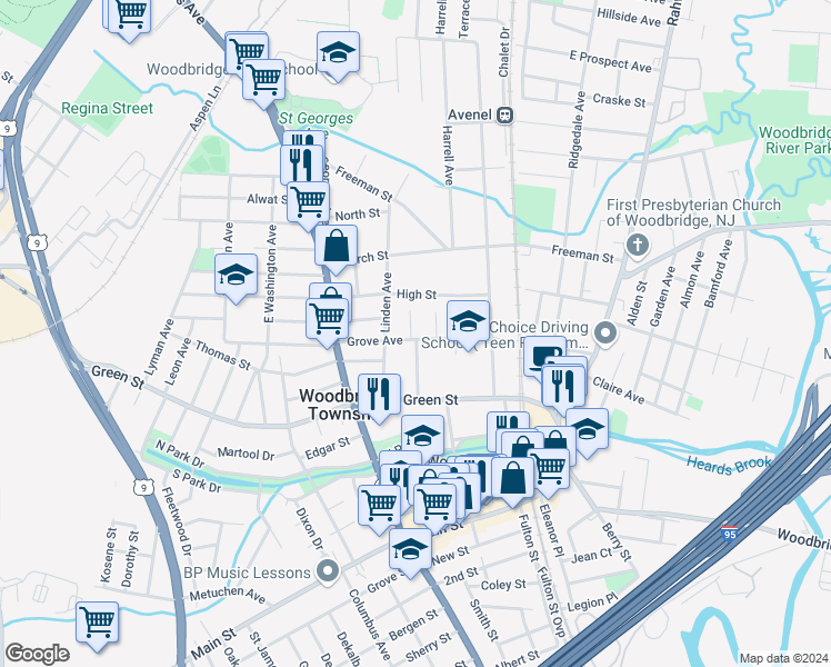 map of restaurants, bars, coffee shops, grocery stores, and more near 110 Grove Avenue in Woodbridge Township
