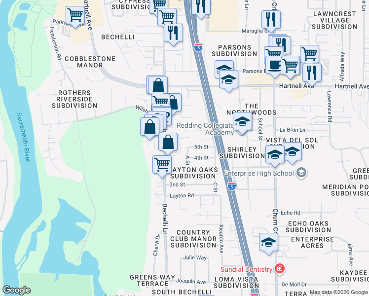 map of restaurants, bars, coffee shops, grocery stores, and more near 1002 A Street in Redding