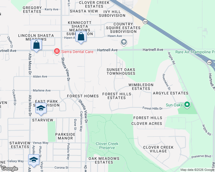 map of restaurants, bars, coffee shops, grocery stores, and more near 3317 Kentwood Drive in Redding