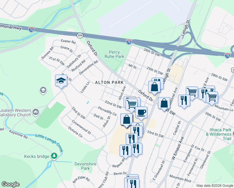 map of restaurants, bars, coffee shops, grocery stores, and more near 1802 31st Street Southwest in Allentown