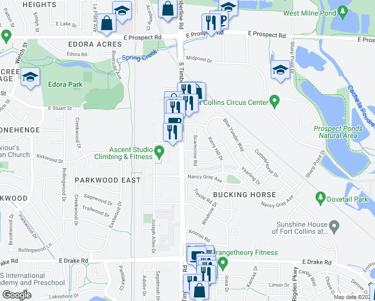 map of restaurants, bars, coffee shops, grocery stores, and more near 2102 Sandbur Drive in Fort Collins