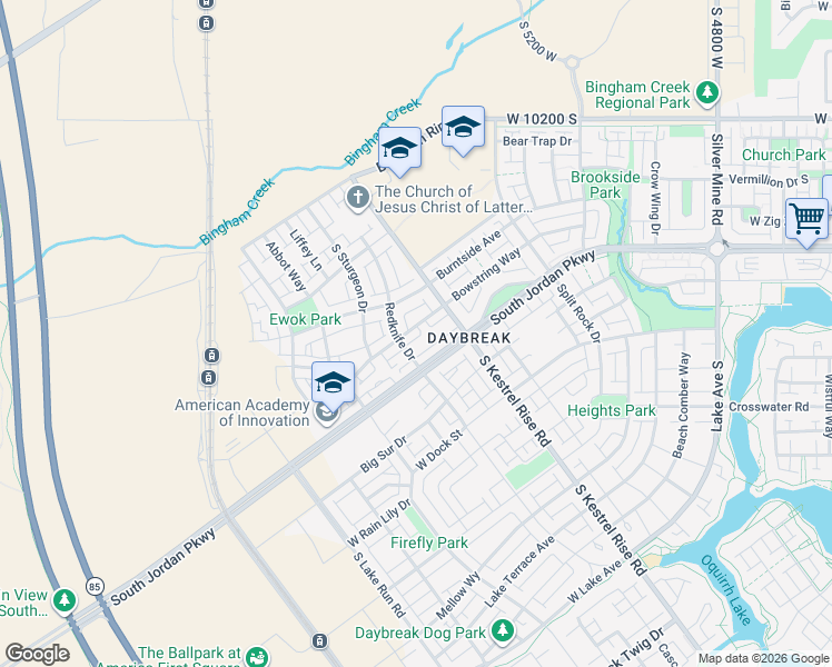 map of restaurants, bars, coffee shops, grocery stores, and more near 5288 West Bowstring Way in South Jordan