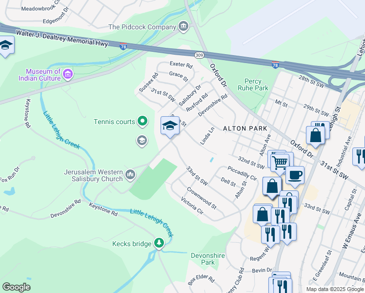 map of restaurants, bars, coffee shops, grocery stores, and more near 1629 33rd Street Southwest in Allentown