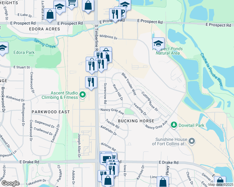 map of restaurants, bars, coffee shops, grocery stores, and more near 2102 Kerry Hill Drive in Fort Collins