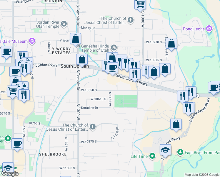 map of restaurants, bars, coffee shops, grocery stores, and more near 1136 West 10550 South in South Jordan