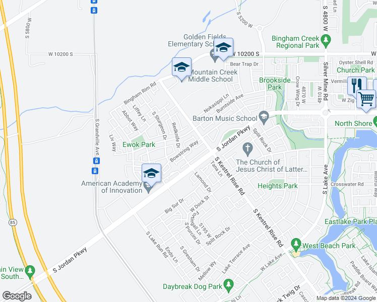 map of restaurants, bars, coffee shops, grocery stores, and more near 5288 West Bowstring Way in South Jordan