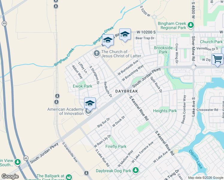 map of restaurants, bars, coffee shops, grocery stores, and more near 5288 West Bowstring Way in South Jordan