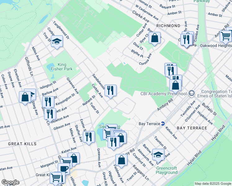 map of restaurants, bars, coffee shops, grocery stores, and more near 47 Cherrywood Court in Staten Island
