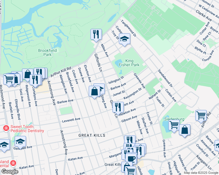 map of restaurants, bars, coffee shops, grocery stores, and more near 345 Giffords Lane in Staten Island