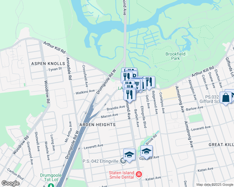 map of restaurants, bars, coffee shops, grocery stores, and more near 3250 Richmond Avenue in Staten Island