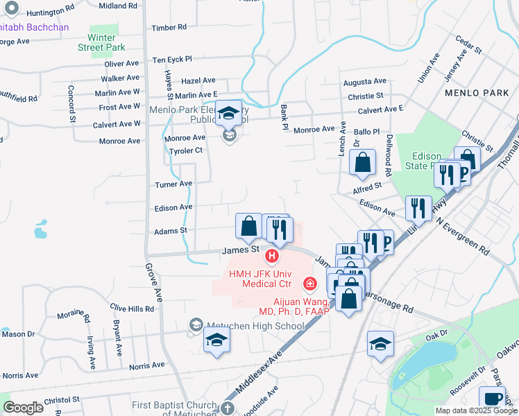 map of restaurants, bars, coffee shops, grocery stores, and more near 62 James Street in Edison