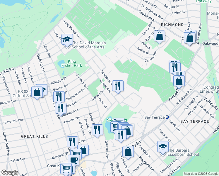 map of restaurants, bars, coffee shops, grocery stores, and more near 190 Sandalwood Drive in Staten Island