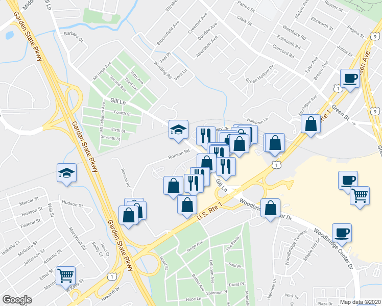 map of restaurants, bars, coffee shops, grocery stores, and more near 310 Woodbridge Commons Way in Woodbridge Township