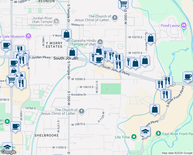 map of restaurants, bars, coffee shops, grocery stores, and more near 1170 West 10550 South in South Jordan