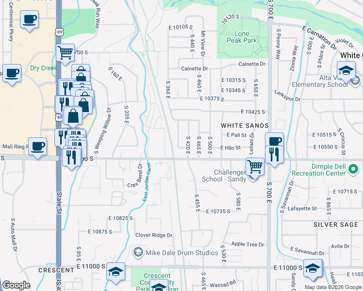 map of restaurants, bars, coffee shops, grocery stores, and more near 375 East 10560 South in Sandy
