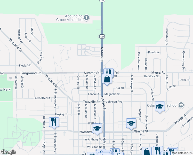 map of restaurants, bars, coffee shops, grocery stores, and more near 1027 North Main Street in Celina